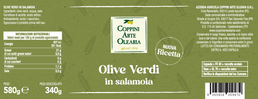 etichetta olive verdi in salamoia Coppini Arte Olearia
