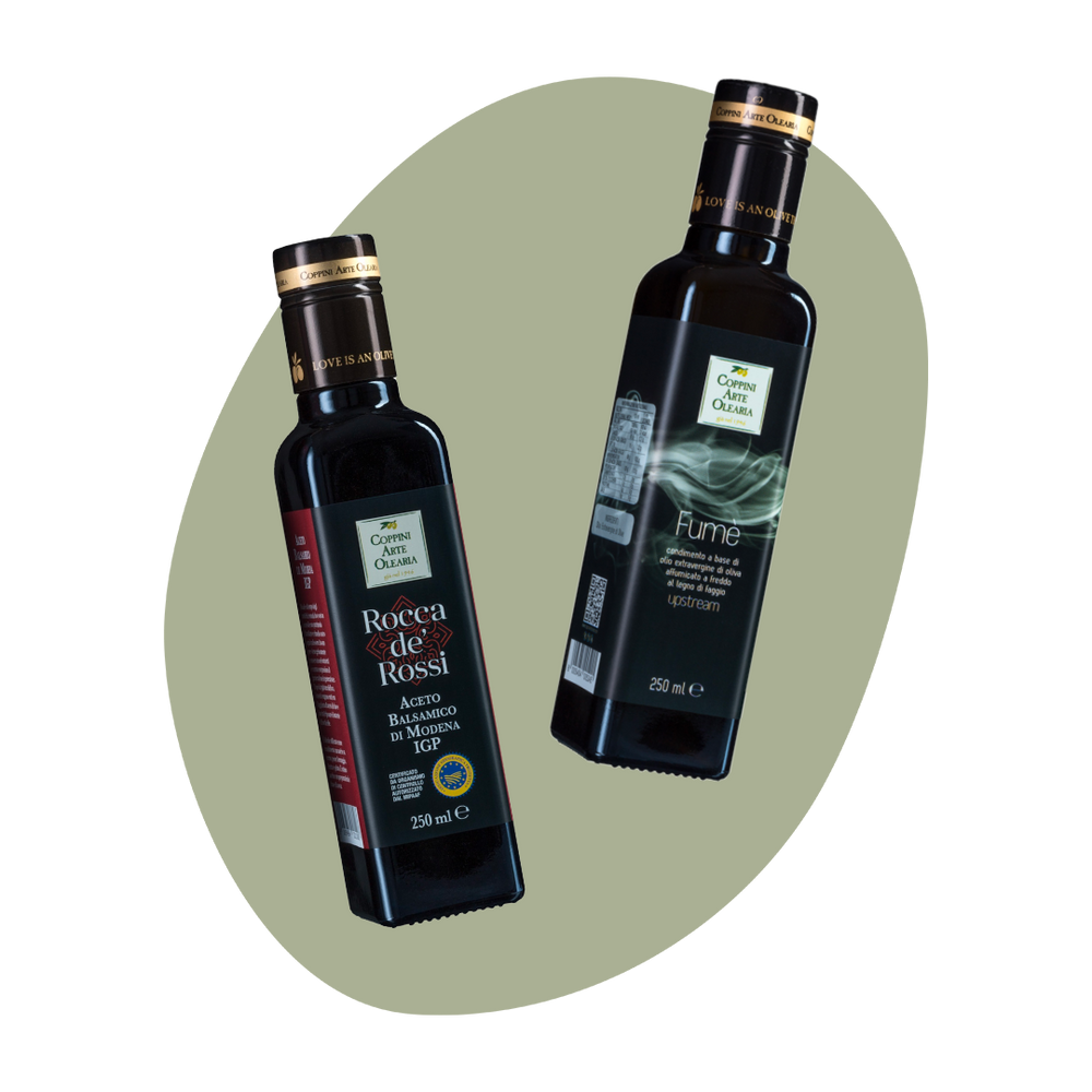 bottiglia di aceto balsamico e olio affumicato Coppini Arte Olearia