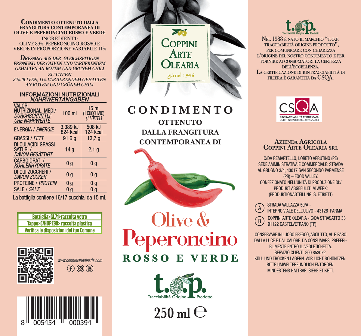 Etichetta Olio Evo e Peperoncino di Coppini Arte Olearia