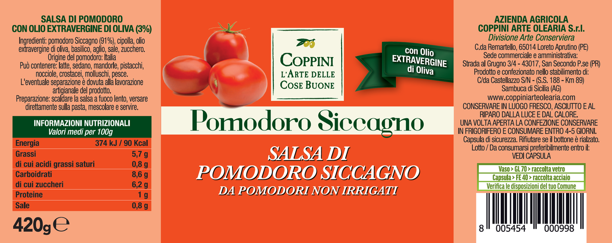 etichetta salsa di pomodoro siccagno Coppini Arte Olearia